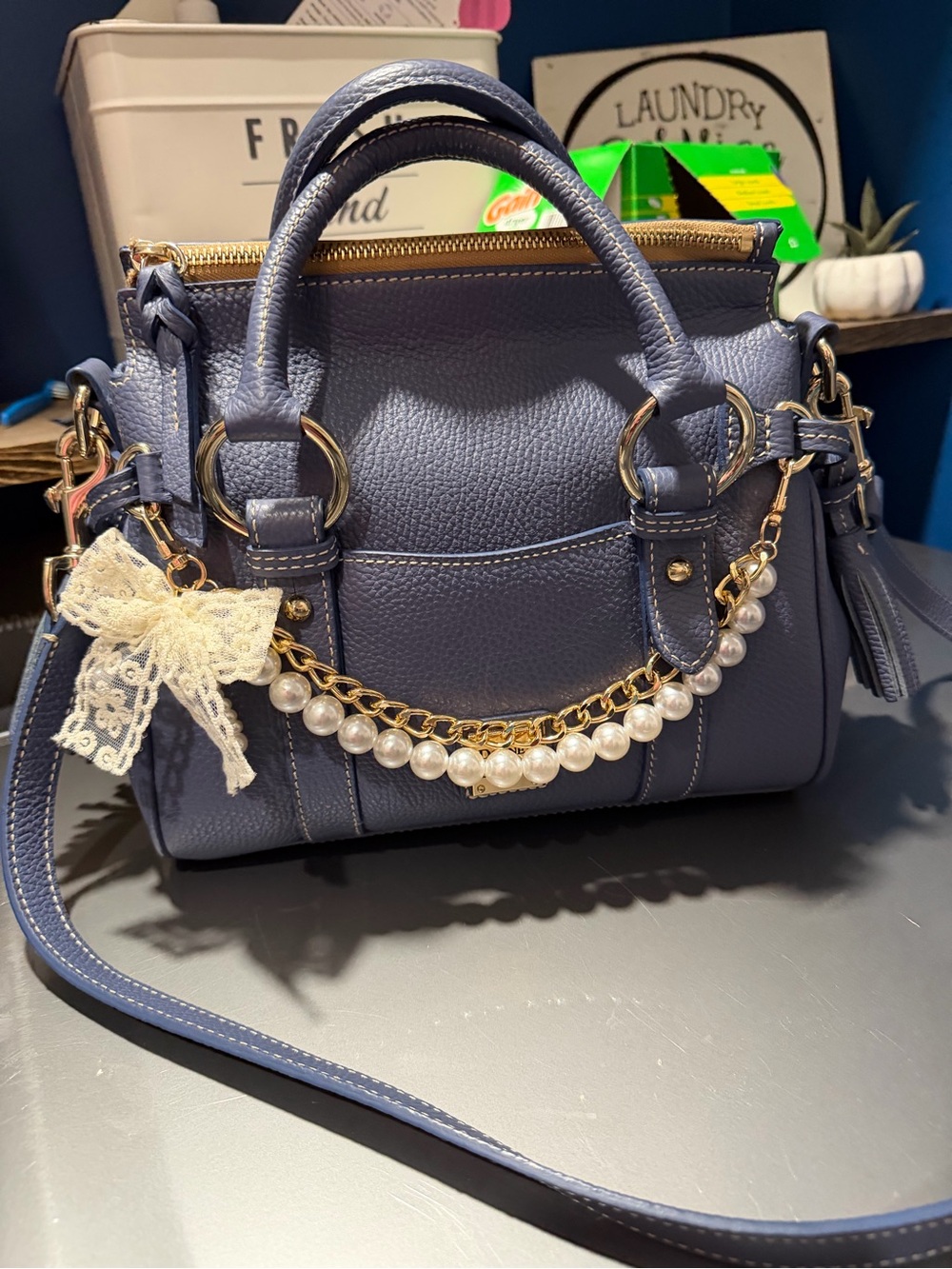 Dooney & Bourke Periwinkle Pebbled Satchel with Pearl Chain